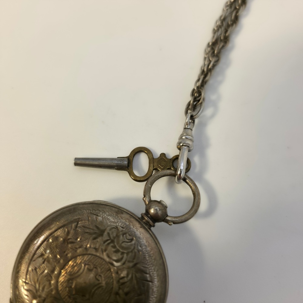 Pocket Watch OS Silver Good Antique Floral Key Wind Chain missing hand - Picture 8 of 9